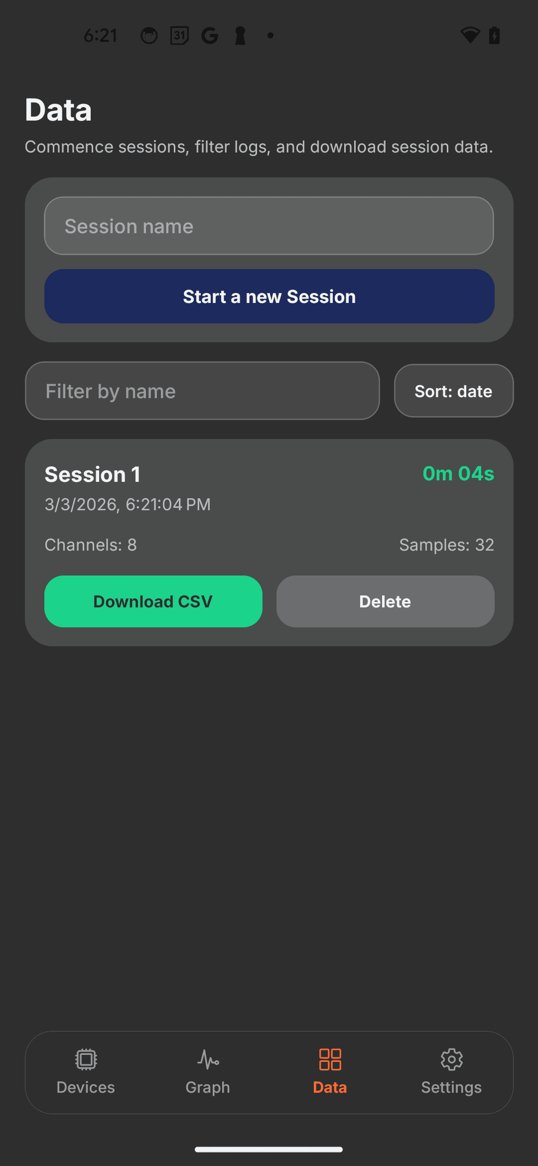 MyoLogger Data tab showing session recording interface with Download CSV and Delete buttons