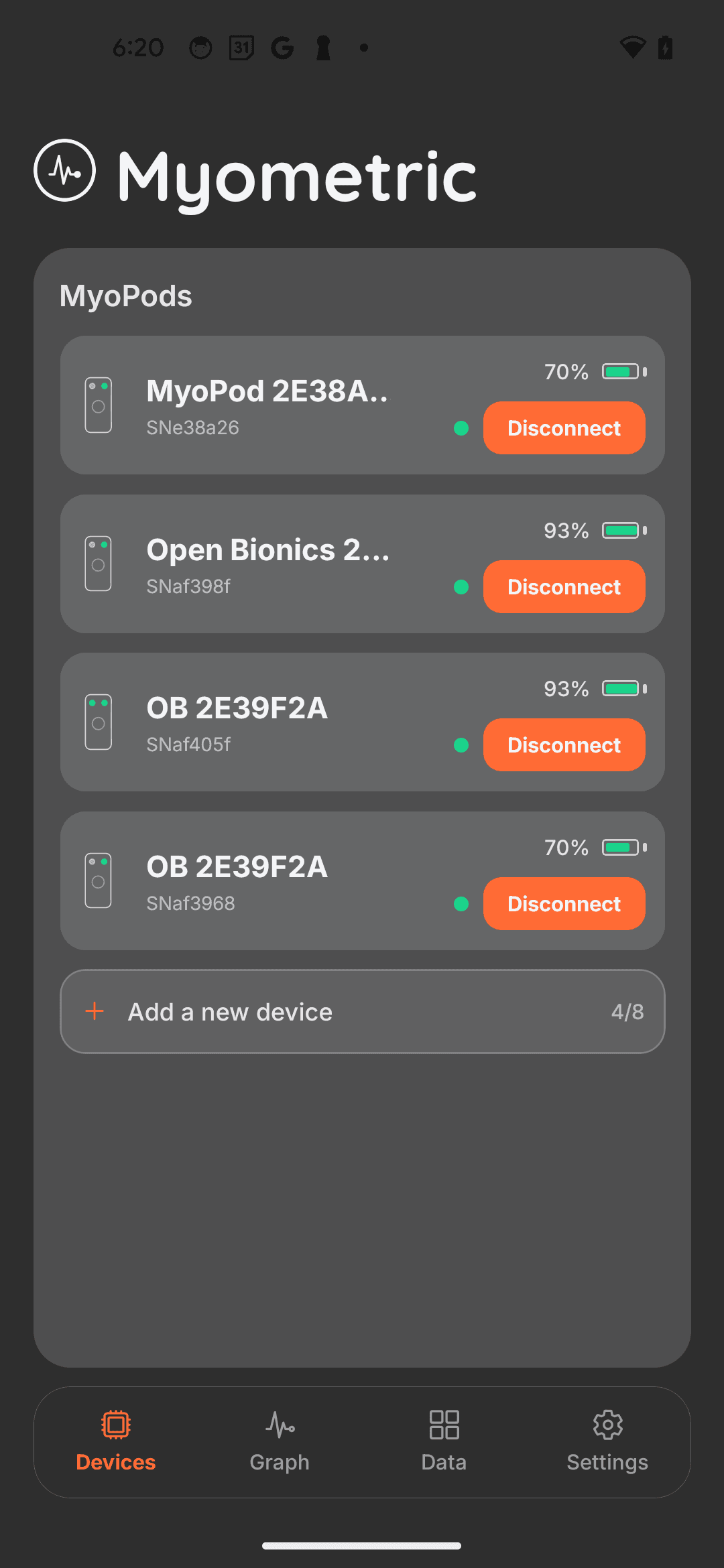 MyoLogger app Devices tab showing 4 connected MyoPods with battery levels and connection status