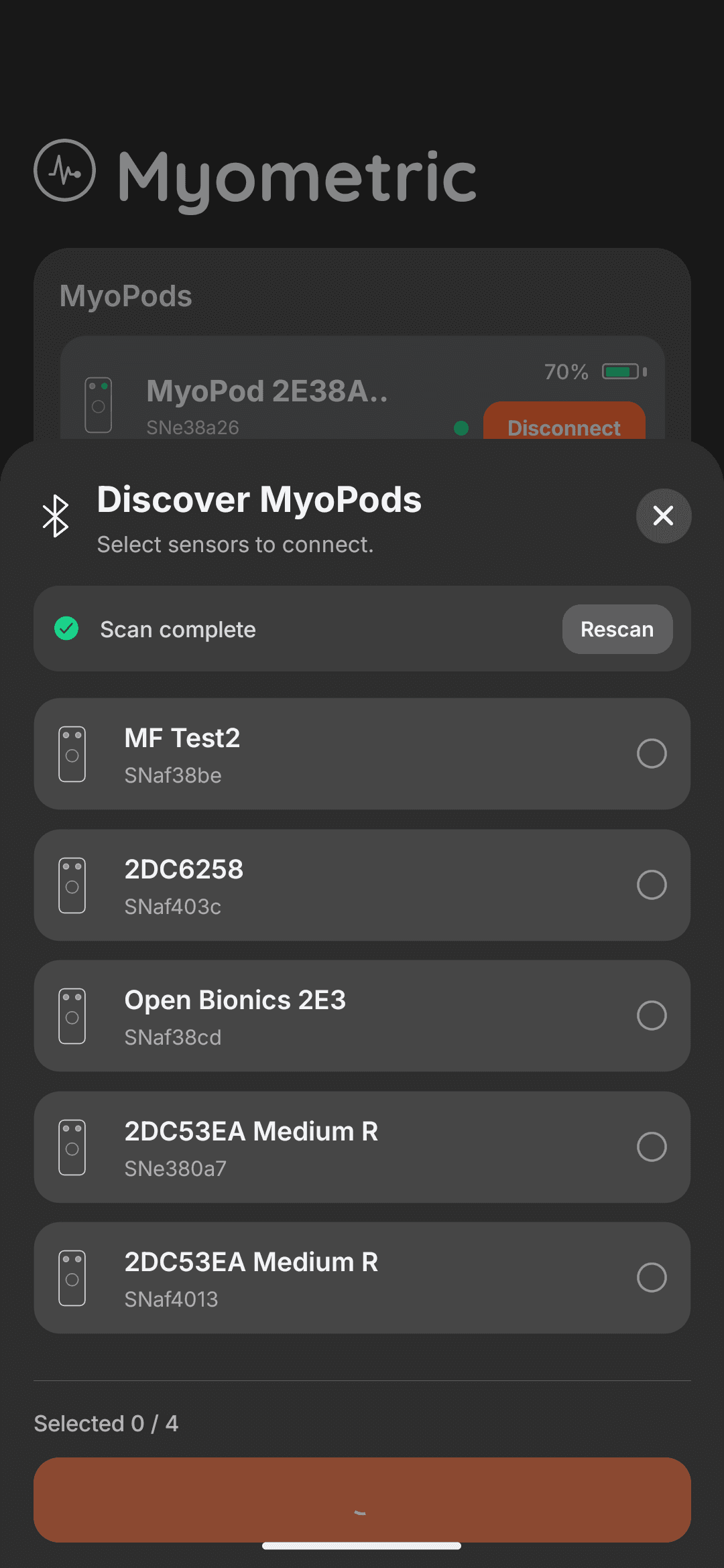 MyoLogger Discover MyoPods screen showing scan results with multiple available sensors