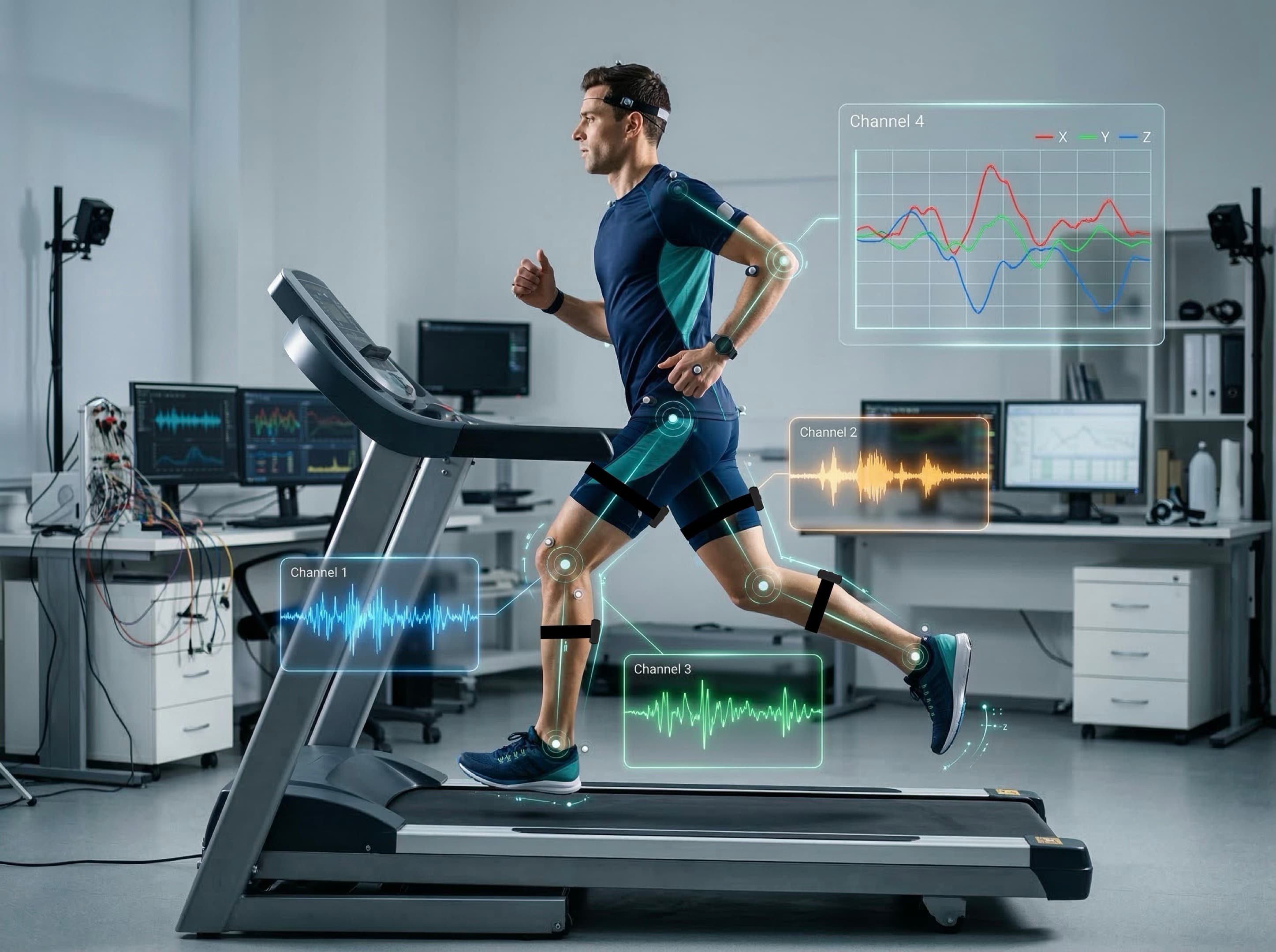 Researcher fitting wireless EMG sensors to a participant in a performance lab while monitoring muscle data on a laptop