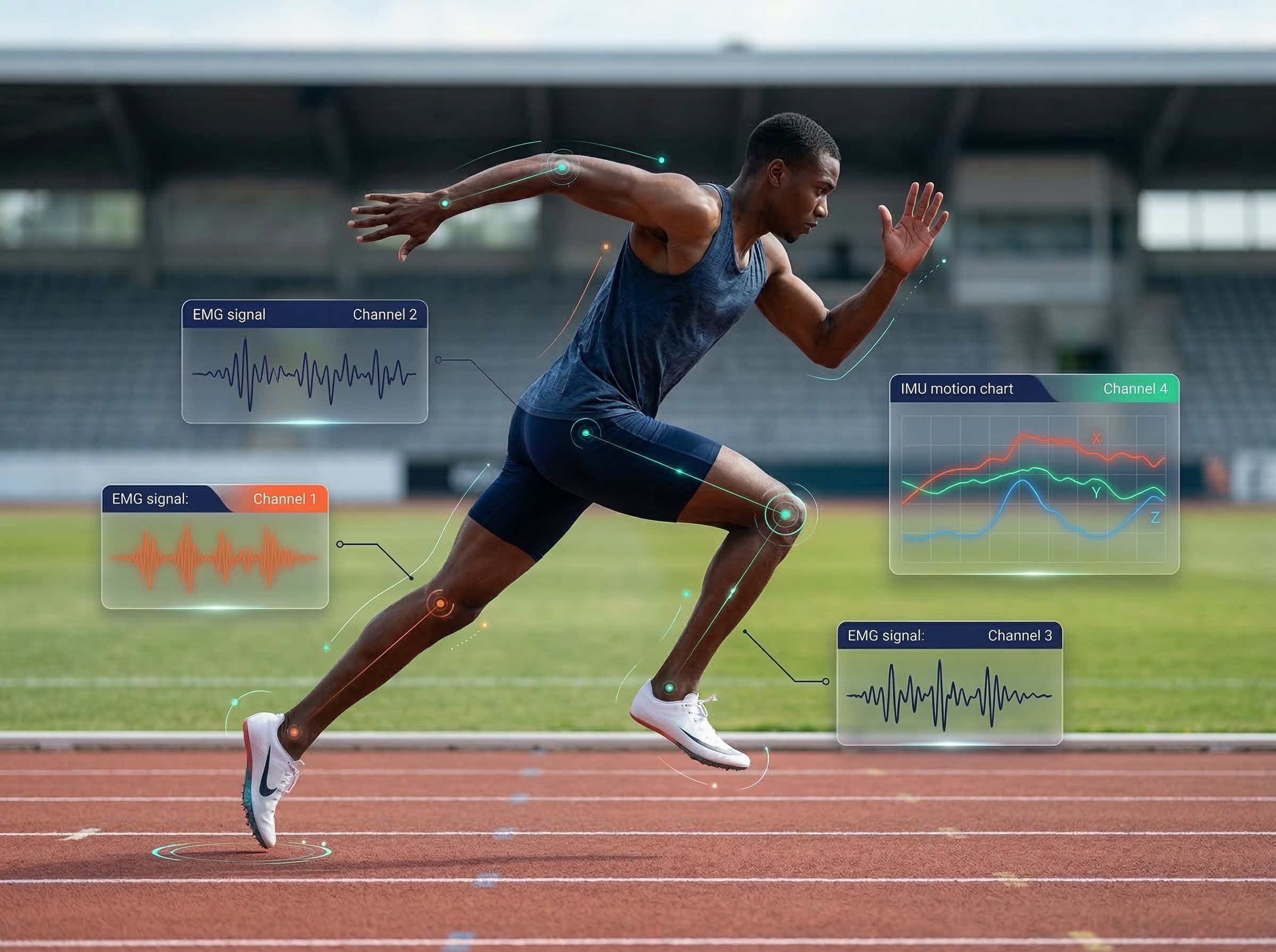 Sprinter in motion wearing Myometric EMG sensors during performance analysis