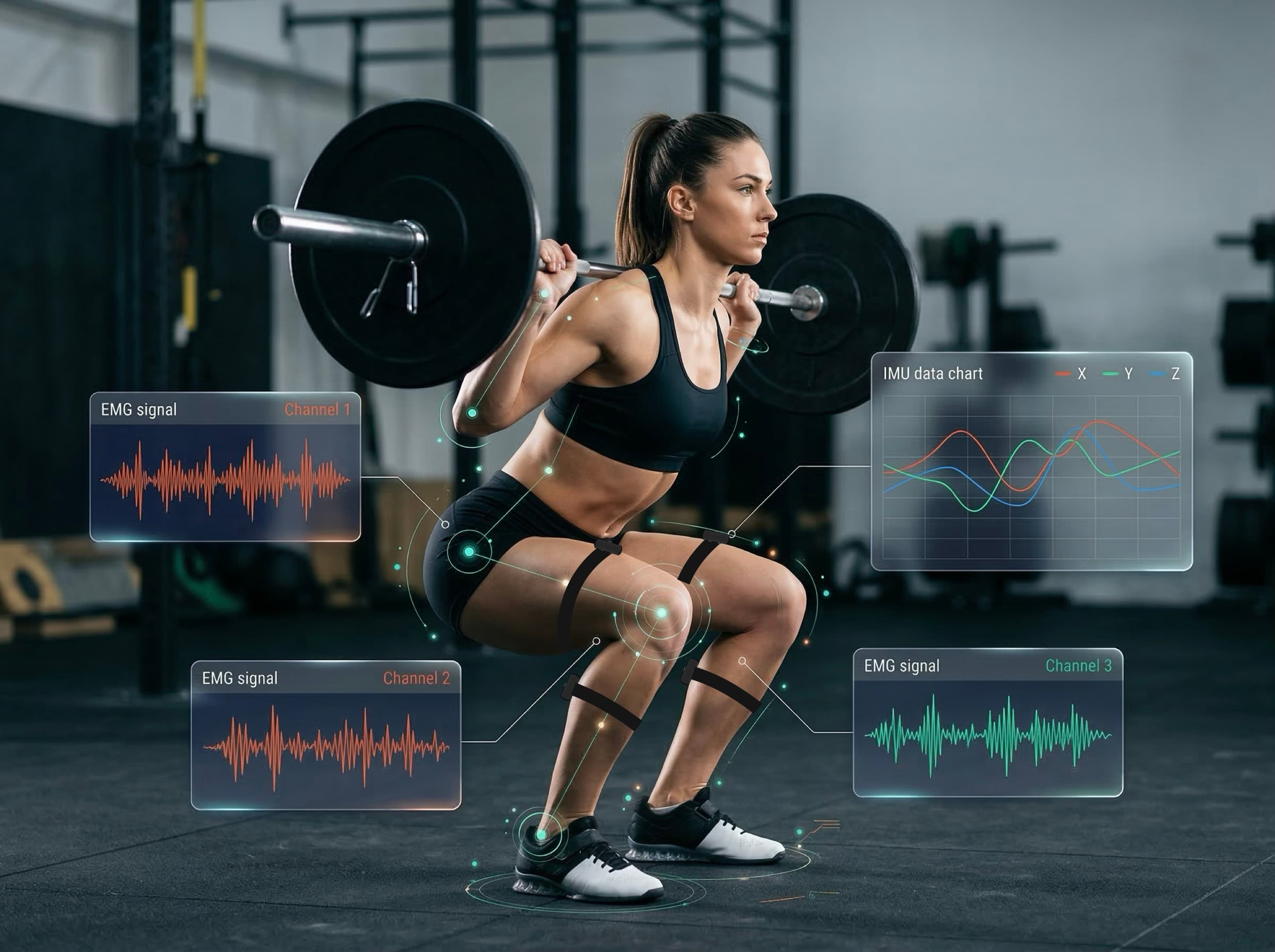 Rehabilitation session with MyoPods wireless EMG sensors visible while a coach reviews recovery data