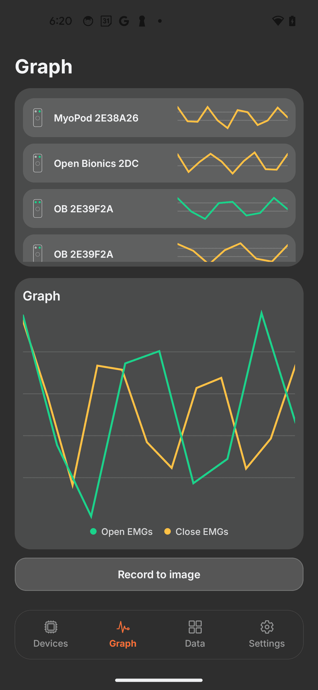 MyoLogger EMG data logging app showing live waveform traces from multiple connected MyoPods
