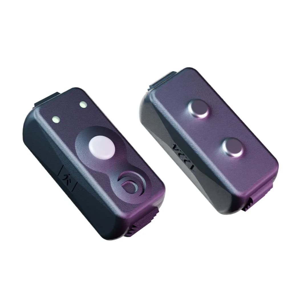 Two MyoPods wireless surface EMG sensors displayed upright for research and rehab use