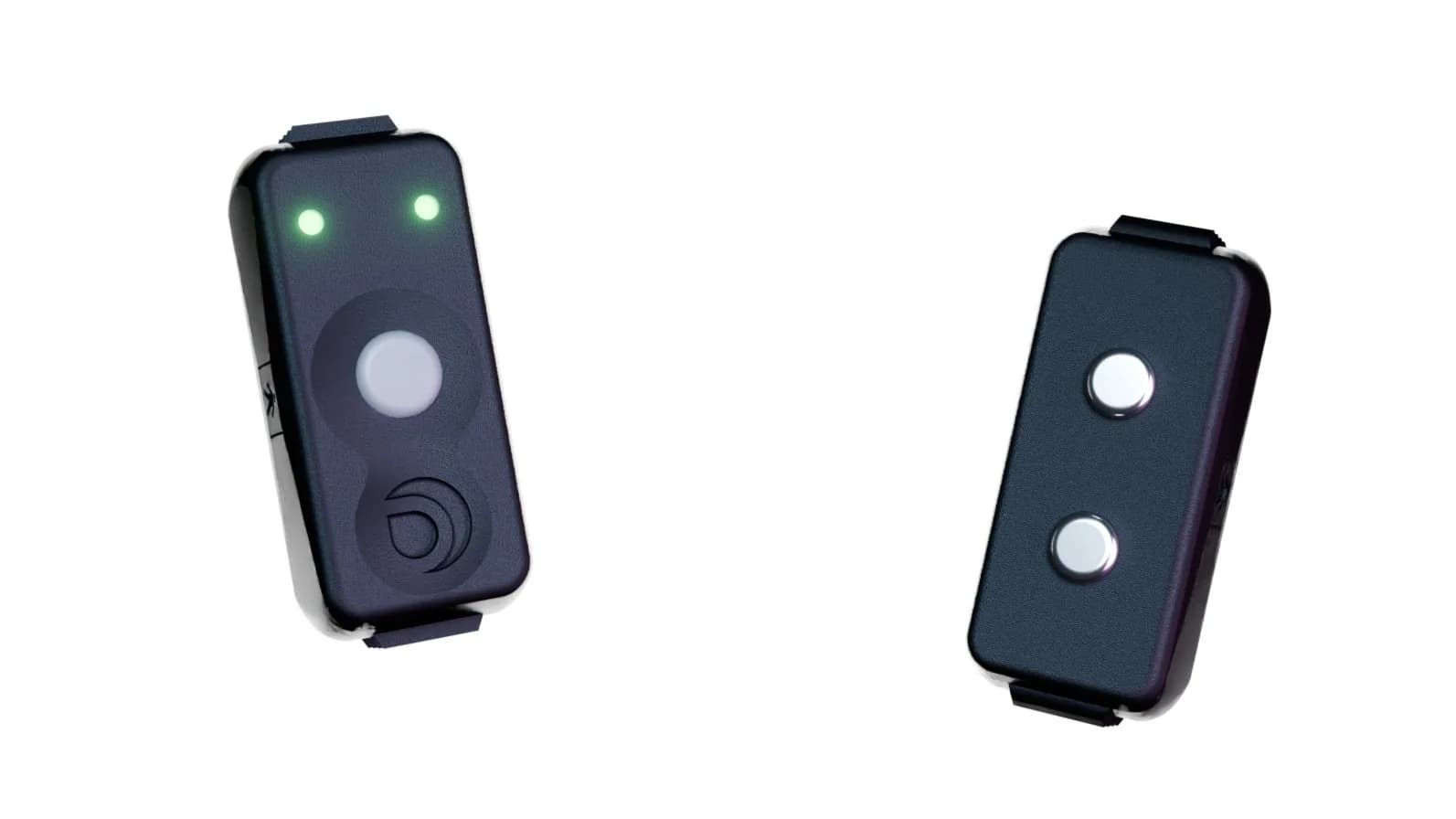 Two MyoPods wireless EMG sensors standing upright with illuminated status LEDs for research capture